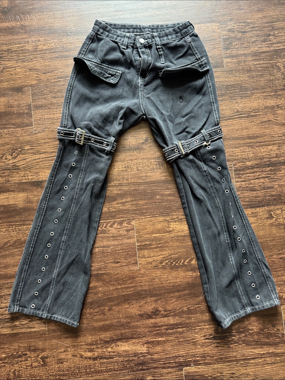 Black Flared Jeans with Grommet Straps